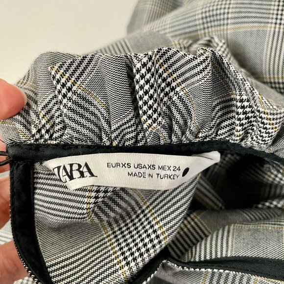 Zara Black/White Glen Check Long Sleeve Top Ruffled Collar Puff Sleeves, Size XS - Picture 7 of 8